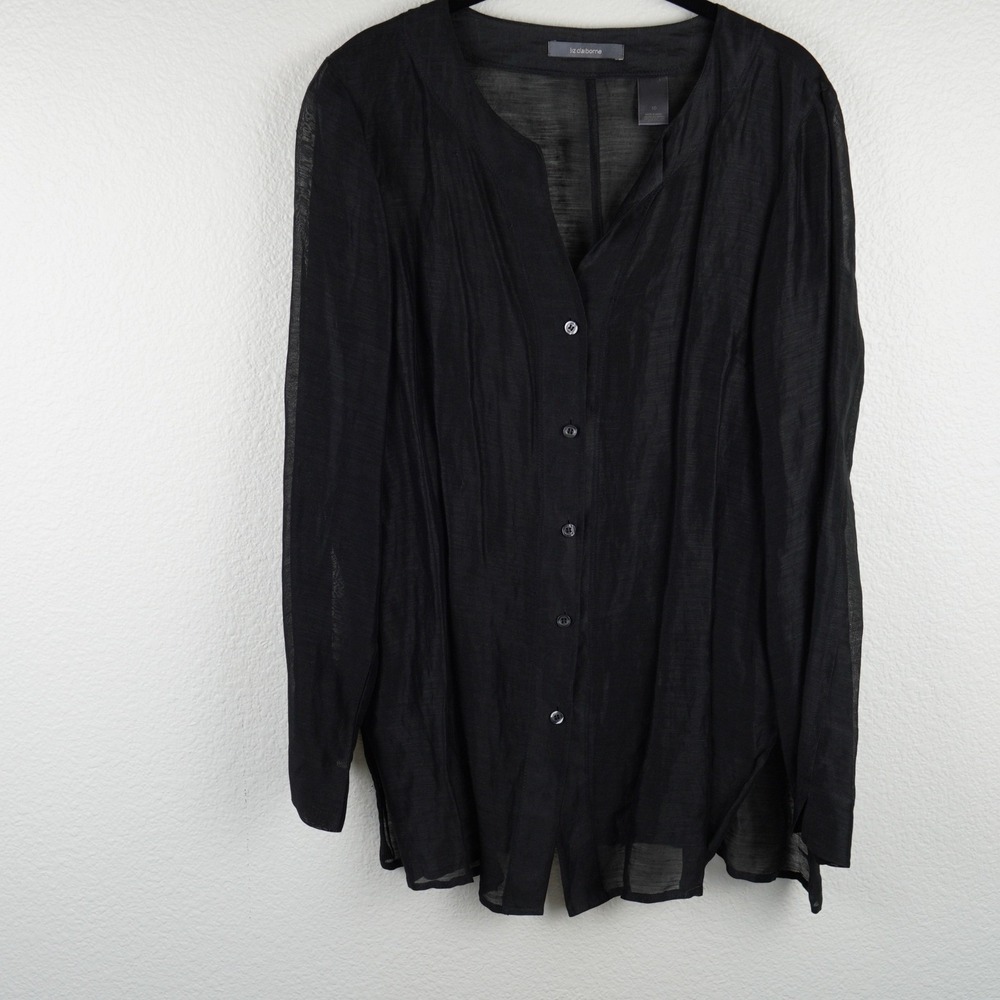 Liz Claiborne Black Sheer Linen Long Sleeve Button Up Shirt Size 10 Career